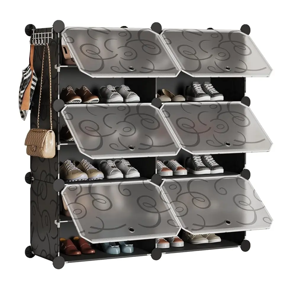 

6 Cubes Shoe Ra With Door, 24 Pair Plastic Shoe Ra With Door, For Livingroom, Bedroom And Office (Black)