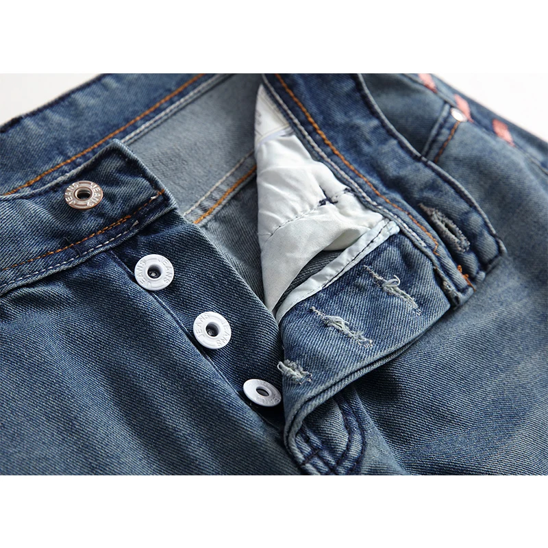 ​​Men Pants High Quality Streetwear Men's Ripped Nostalgic Scratched Jeans Casual  Button Straight Denim Trousers Male Pant