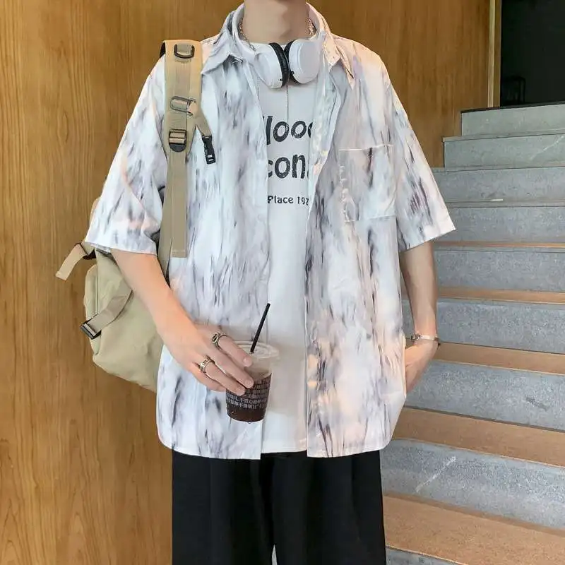 

Men's Summer Thin TieD ShortSved Shirt Design Sense Ins CleanFit Loose PU Leather Five Sleeve Capsule Wardrobe Versatile