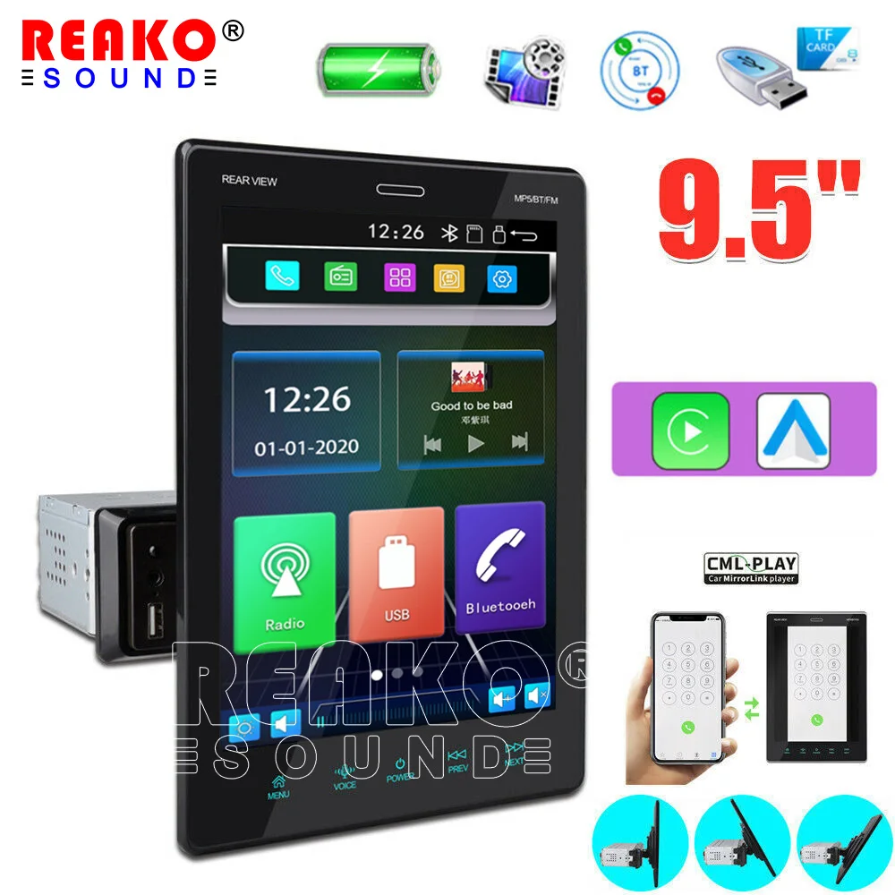 REAKOSOUND 9.5 inch Multimedia MP5 Player Removable Touch Screen Car Radio Stereo Android Auto Carplay Bluetooth FM MirrorLink