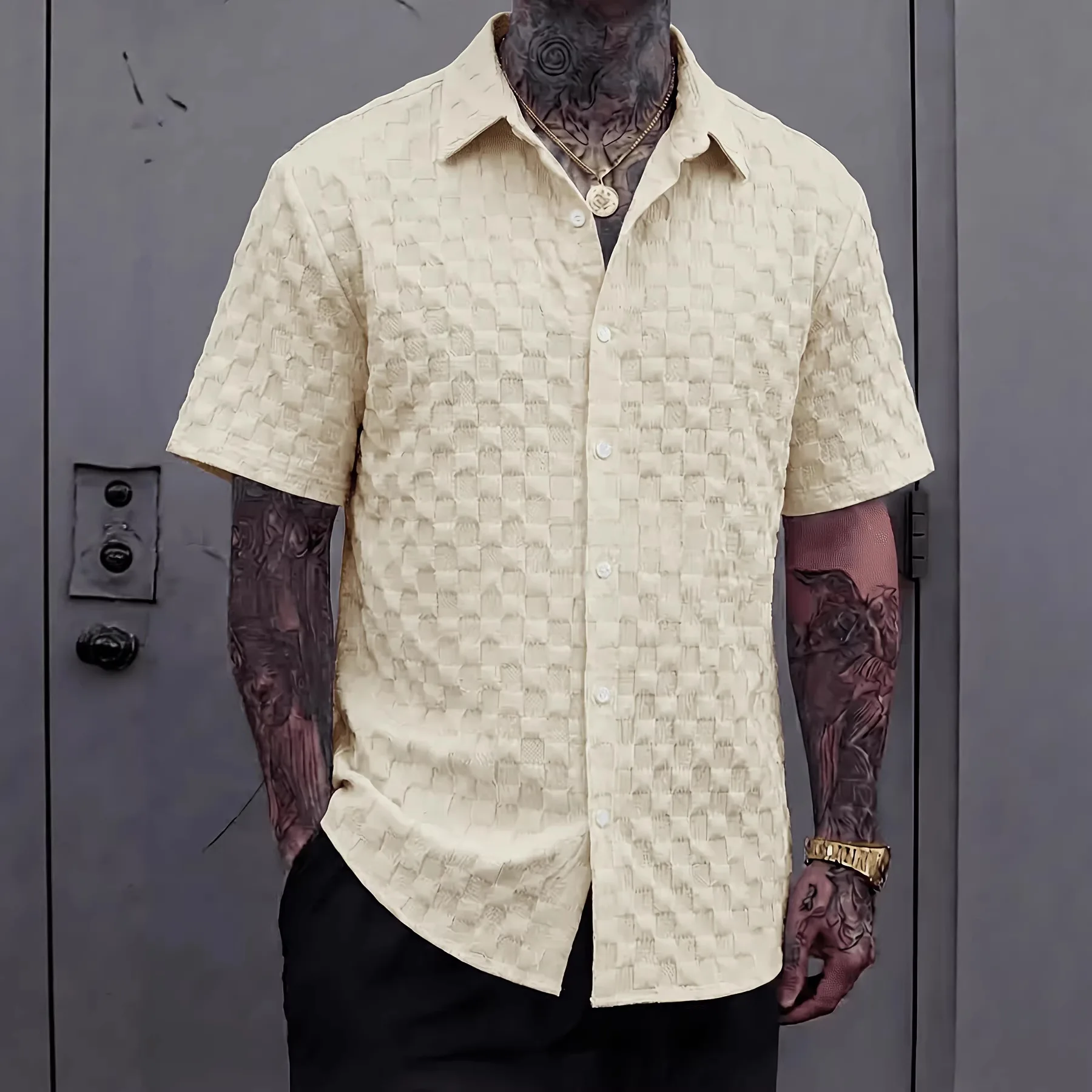 2026 Summer New Loose Fashion Plaid Men's Casual Short-sleeved Beach Shirt