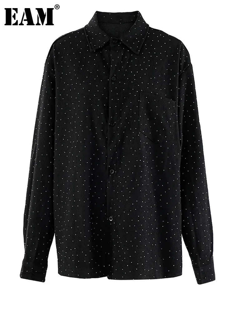 

[EAM] Women Black Rhinestones Shining Big Size Elegant Blouse New Lapel Long Sleeve Shirt Fashion Spring Autumn 2024 CPG2004