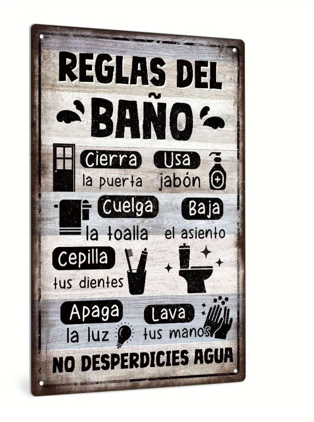 Spanish Vintage Bathroom Rules Metal Sign | Classic Wall Decor | No Power Needed Easy Hang | for Farmhouse, Home