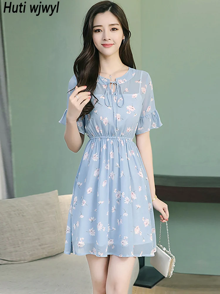 

2024 Floral Chiffon Kawaii Sexy Mini Dress Summer Korean Casual Boho Beach Dress Women Elegant Bodycon Party Chic Prom Vestidos