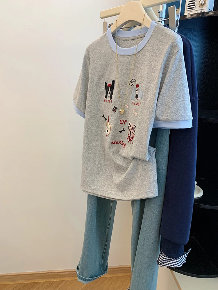 

Summer ey ort Sve T-irt Women's 2025 New Korean Version Embroidery Anti-Aging Color Blo Top Ins Sle Casual Commute