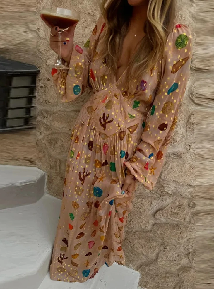 เดรสยาวพิมพ์ลายโบฮีเมียนสำหรับผู้หญิง ดีไซน์หรูหรา แขนพองเต็มตัว คอวี ทรงเอไลน์ เหมาะสำหรับฤดูใบไม้ร่วง