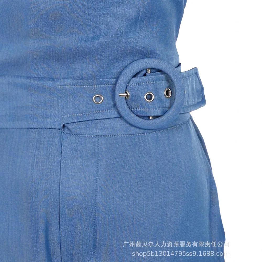 여름 여성용 데님풍 러플 엣지 스플라이싱 슬리브리스 탱크탑 & 팬츠 세트 솔리드 컬러