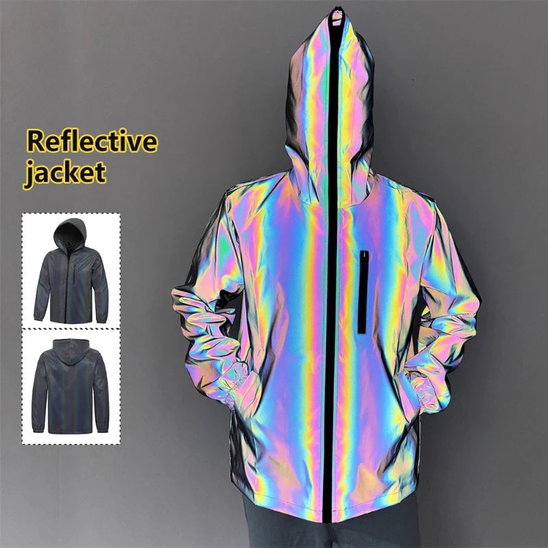 Men Colorful Reflective Jacket Hooded Streetwear Coat Outdoor Cycling Jogging Hip Hop Fashion Casual Night Sports Outerwear