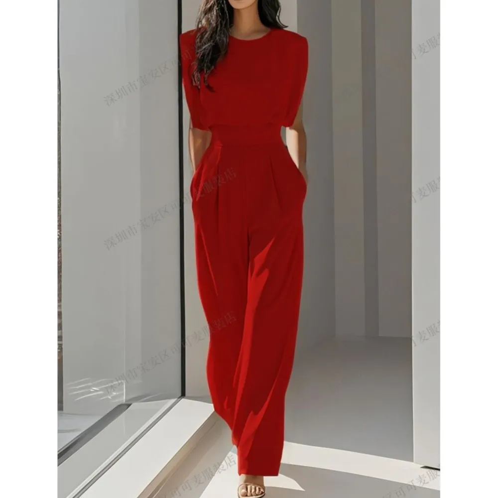 Combinaison élégante taille haute pour femmes, nouvelle mode reine Style été couleur unie ceinture poche bureau capable combinaison