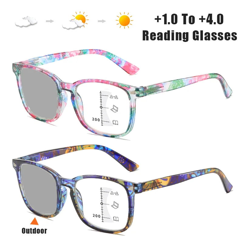 

Fashion Print Photochromic Multifocal Presbyopia Glasses Large Square Frame Spring-Arm Anti Blue Light Reading Glasses