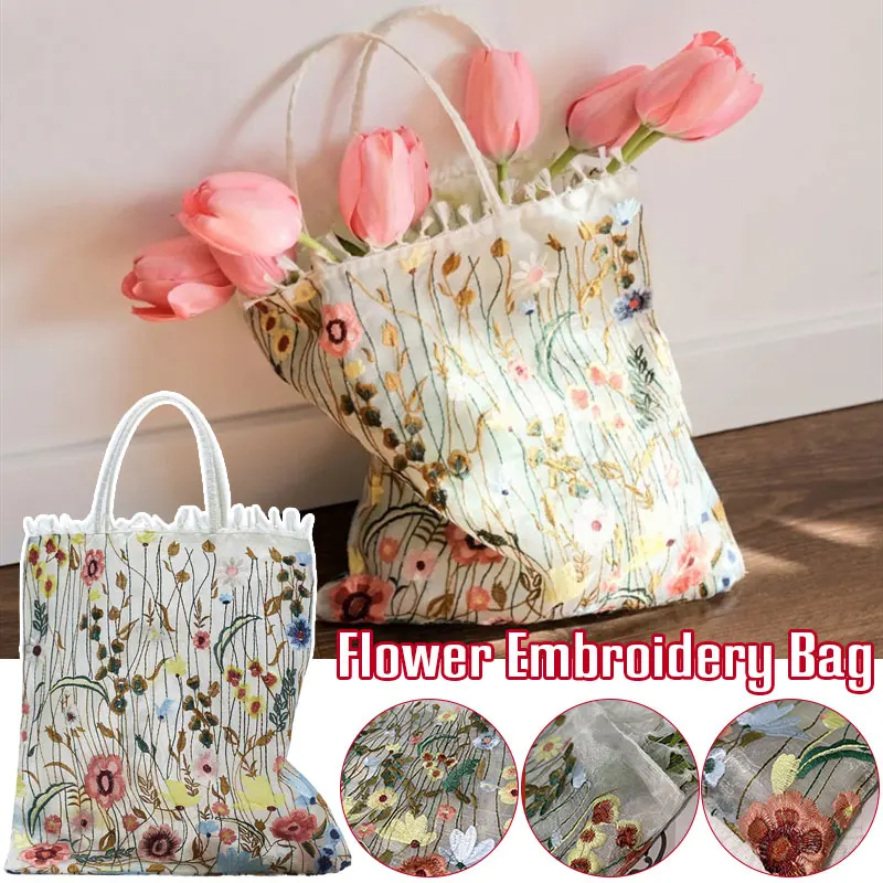 Women's Mesh Hand Embroidered Flower Shoulder Bag Portable Carrying Lace Tote Bag Artsy Antique Bag for Daily Use