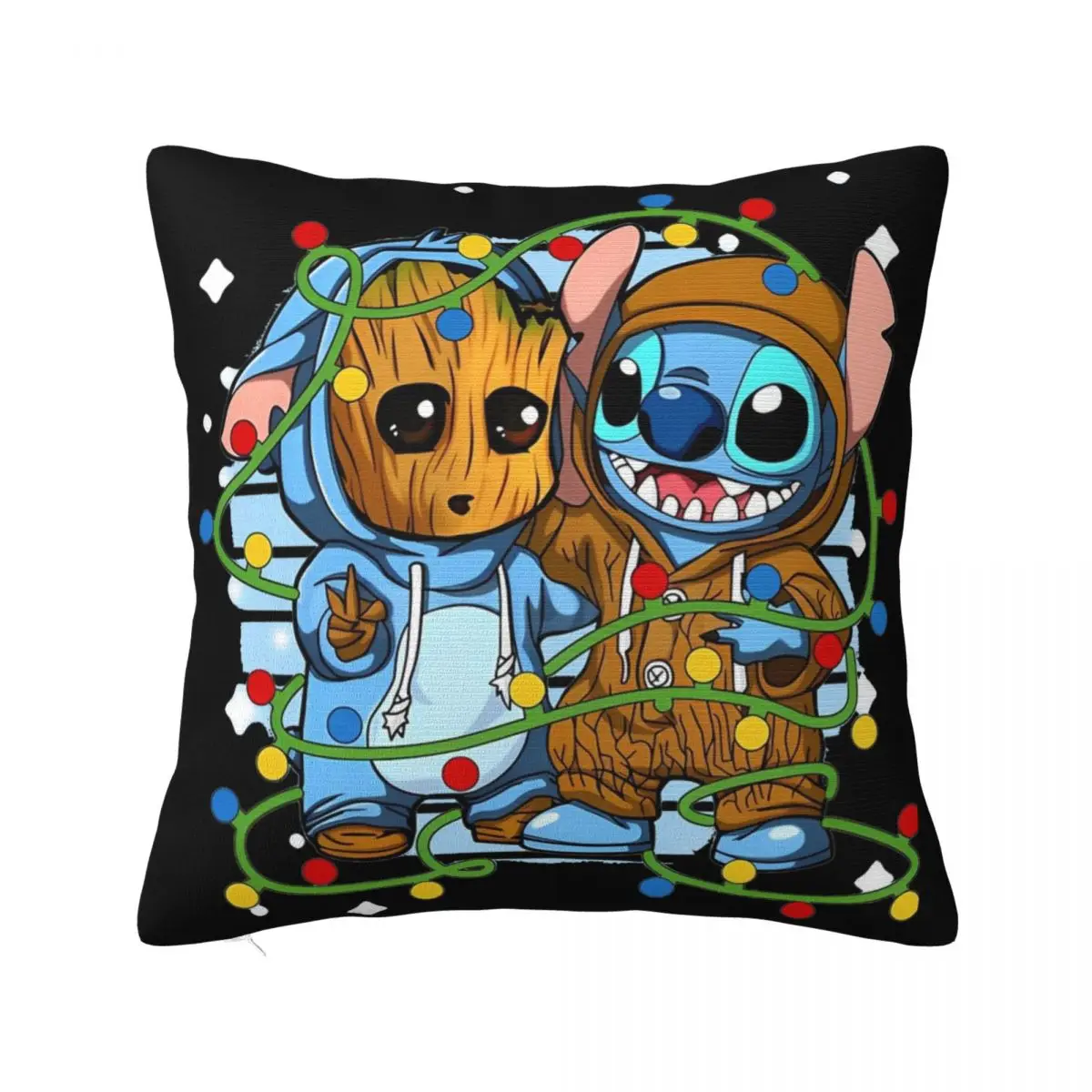 Stitch And Baby Groot Tree Lights Pillowcases Soft Polyester Cushion Cover Pillow Case Cover Bed Zippered 18