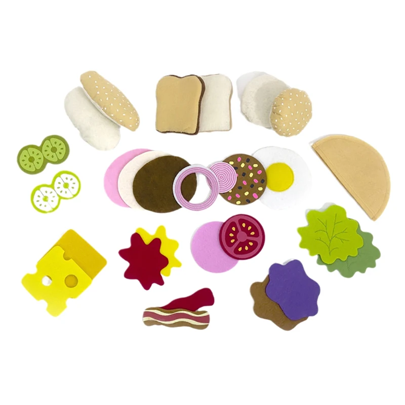 Ensemble de jouets alimentaires en feutre de 28 pièces, idéal pour les enfants, jeu de simulation et jeux de rôle de cuisine, comprend un Sandwich aux hamburgers