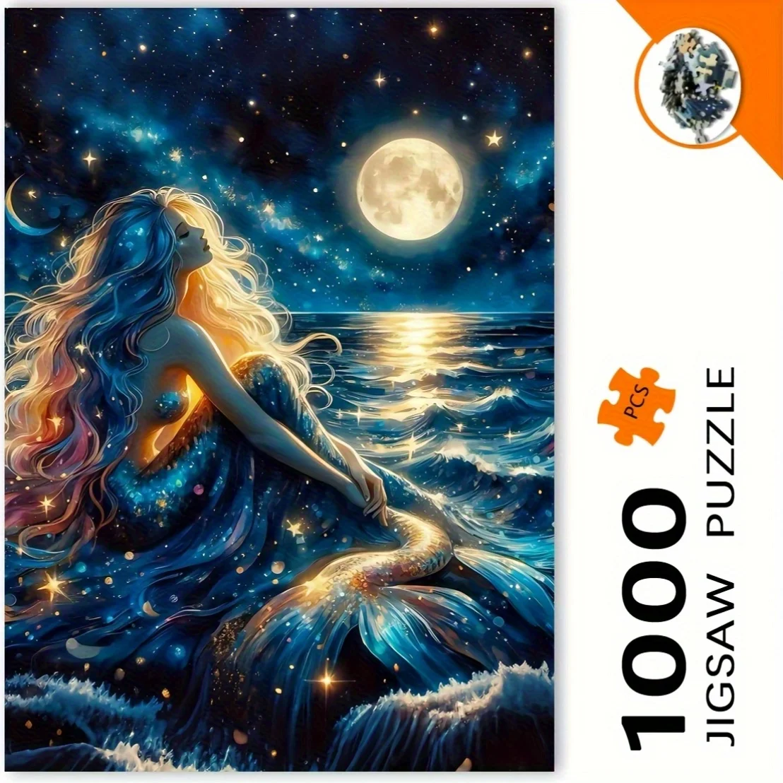 Puzzle sirena da 1000 pezzi - Puzzle magico dell'oceano notturno con stelle luminose, creature di sirena e mare, puzzle grande e sorprendente per