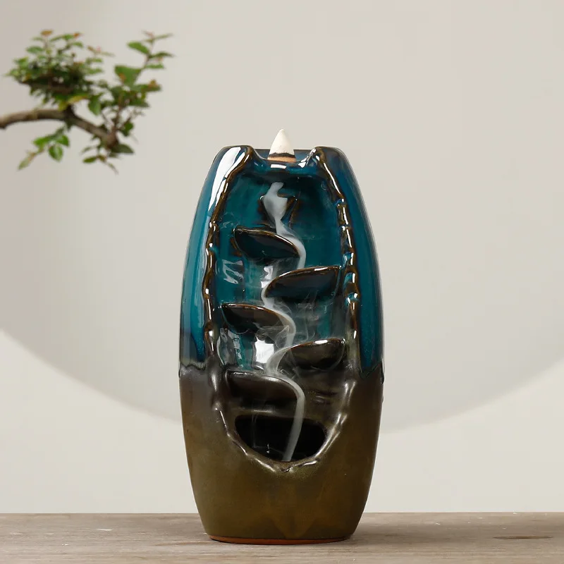 Ceramic Kiln Change Blue Backflow Incense Burner Creative Lucky Style Home Fragrance Decor Ornament
