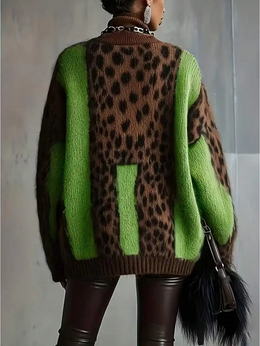 

Leopard Print Contrast Color Turtleneck Sweater Loose Fit Knit Pullover For Women