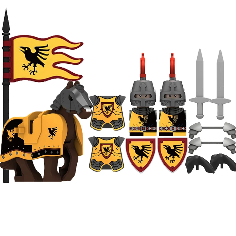 MOC Medieval Castle Raven Black Hawk Knight Figures Building Blocks Infantry War Weapon Soldier Shield Sword Armor Horse Kid Toy