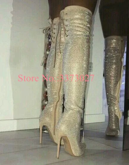 New Bling Bling Crystal Long Boots Lady Fashion Thin Heel Rhinestone Over the Knee Boots Woman Sexy Party High Heels