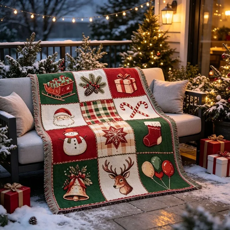 Christmas Jacquard Tassel Tapestry Home Sofa Throw Festive Decoration Blanket Home Decor Wall Hanging Tapestry