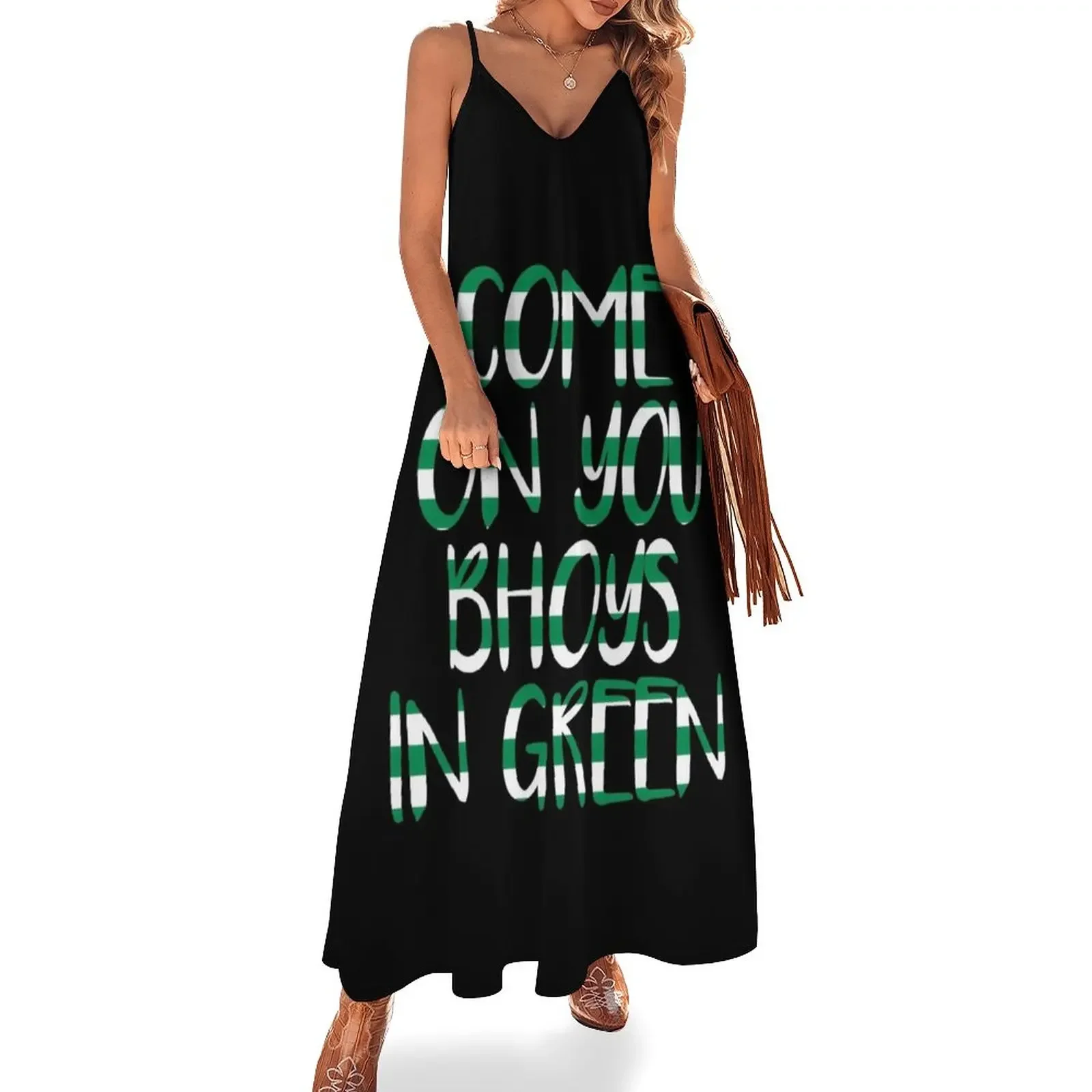 

COME ON YOU BHOYS IN GREEN, Glasgow Celtic Football Club Green and White Text Design Sleeveless Dress Dresses prom dresses Dress