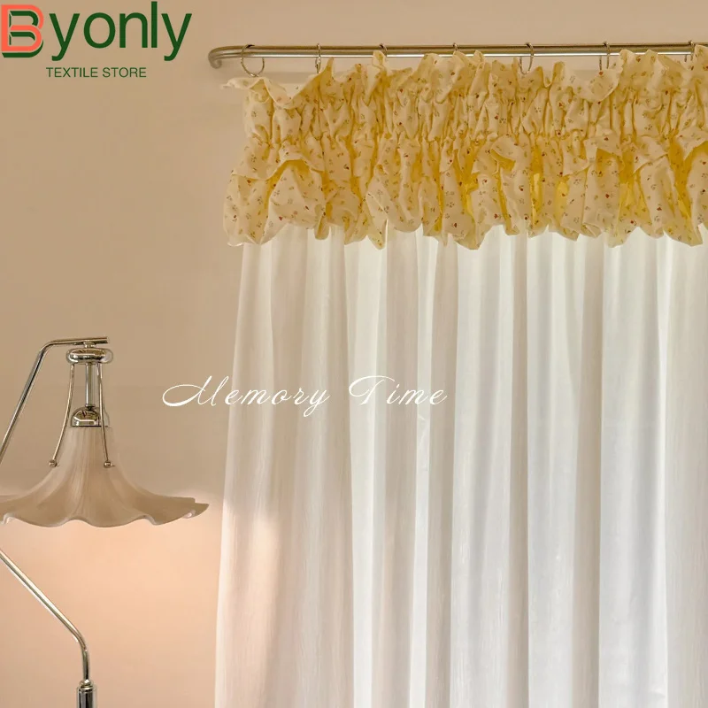 French Cream Small Flower Cake Pleated Curtain Splicing White Gauze Living Room Bedroom French Window Balcony Window Customized