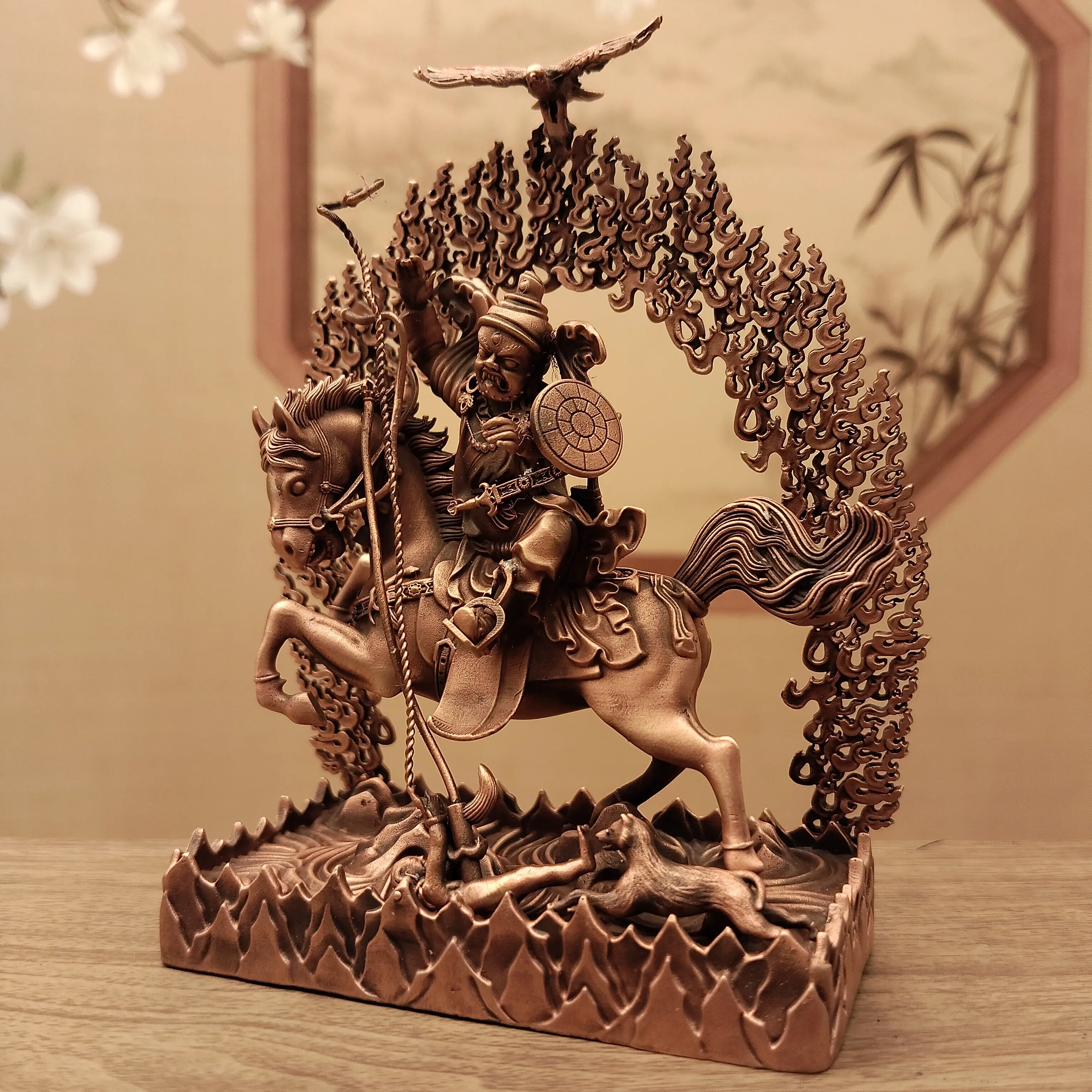 Tibetan Vajrayana Antique Copper Tsema Protector Deity Statue 10cm Home Altar Desktop Blessing