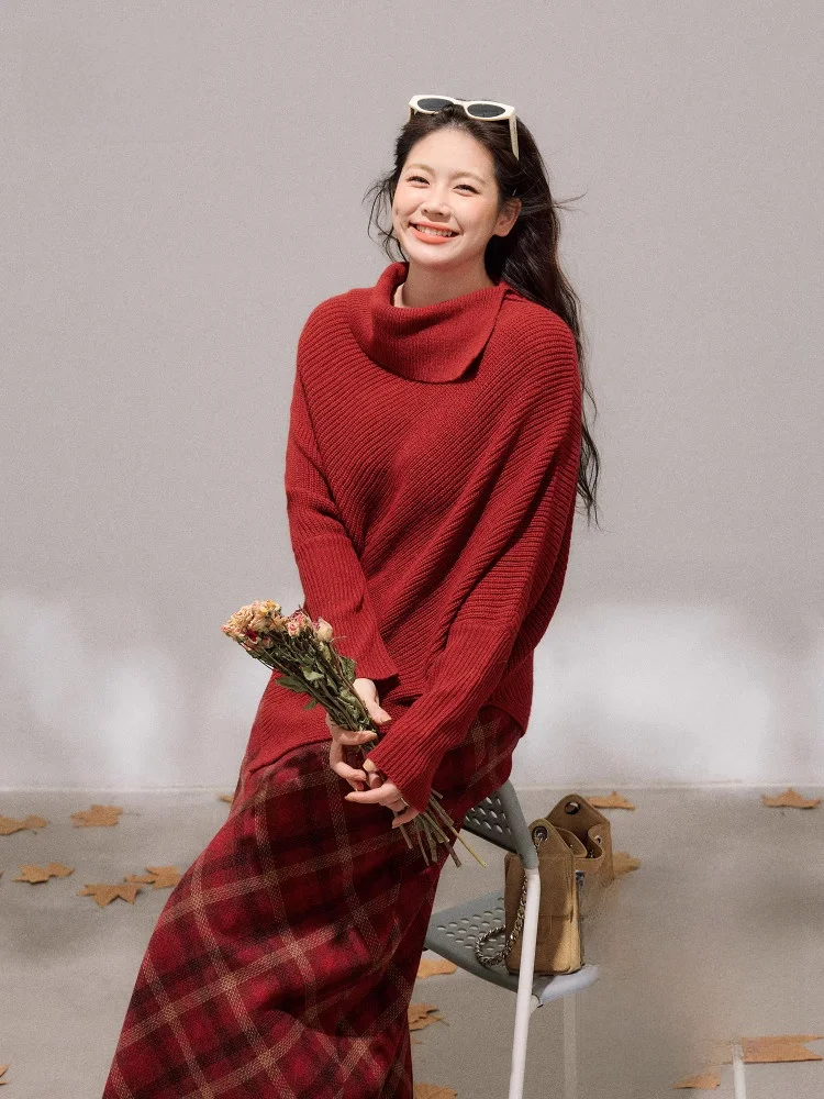 

Красный клетчатый свитер с высоким воротником и шарфом, комплект больших размеров для женщин, модный корейский стиль, зимний повседневный комплект с юбкой А-силуэта, стройнящий силуэт