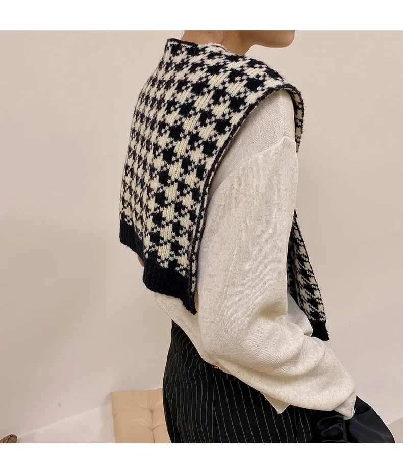 2025 coreano lã malha quente xale inverno blusa feminina ombros gola falsa capa cachecol de malha houndstooth pescoço guarda cachecol