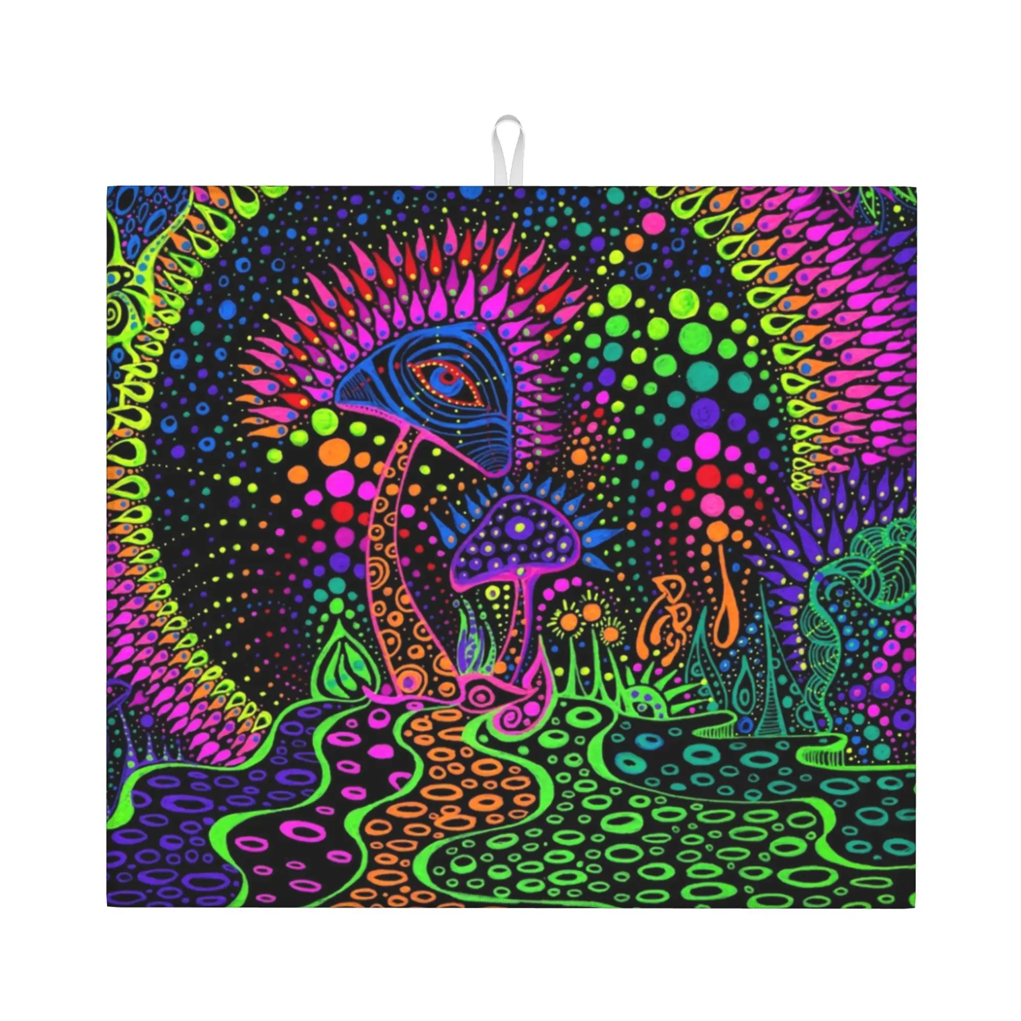 Magic Mushroom Trippy Psychedelic Neon Pastel Goth Non‑Slip Waterproof Absorbent Barware Tableware Drying Mat For Kitchen
