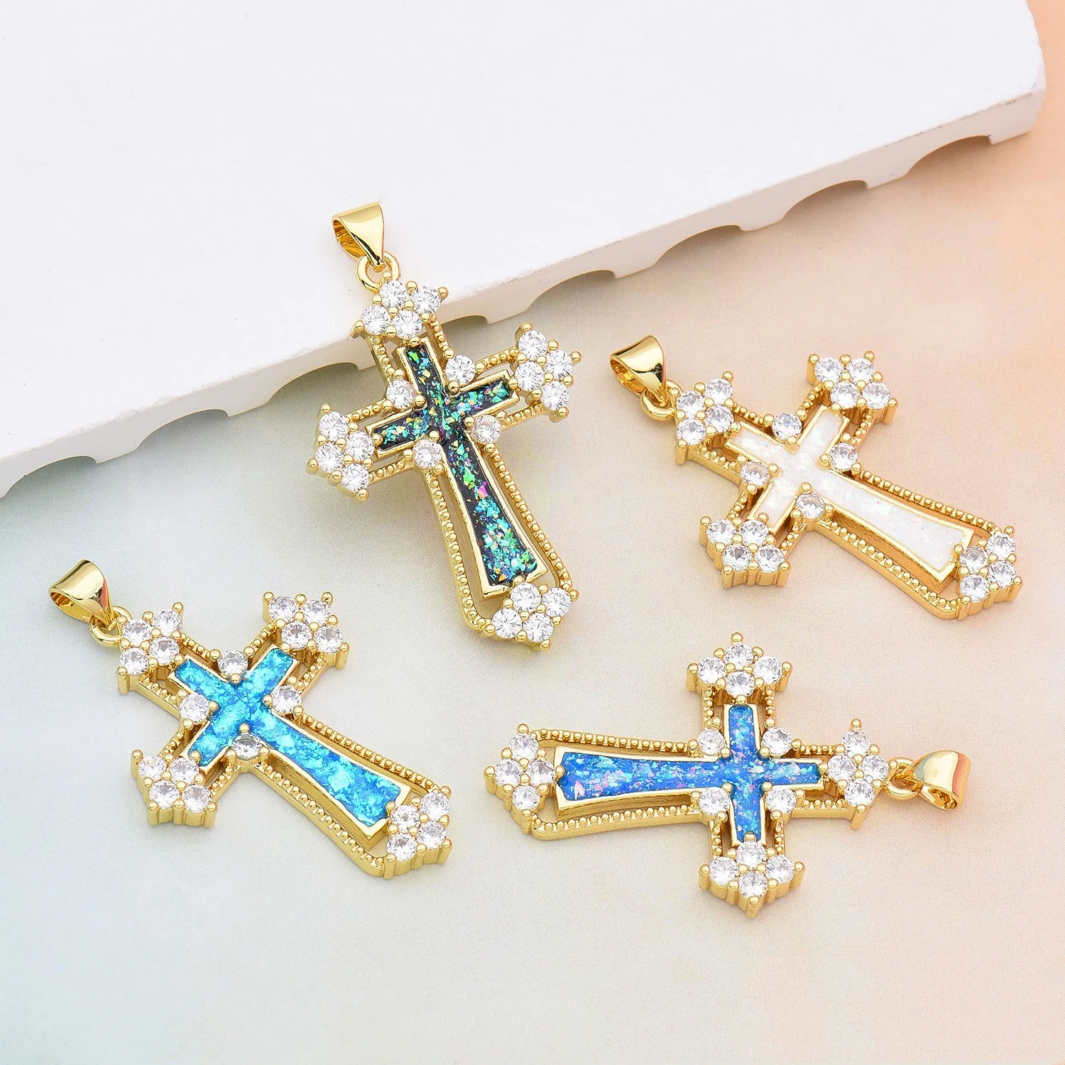 5pcs Opal Copper Gold Plated Micro-Inlaid Zircon Cross Pendant Accessories DIY Pearl Necklace Jewelry Making Materials Wholesale