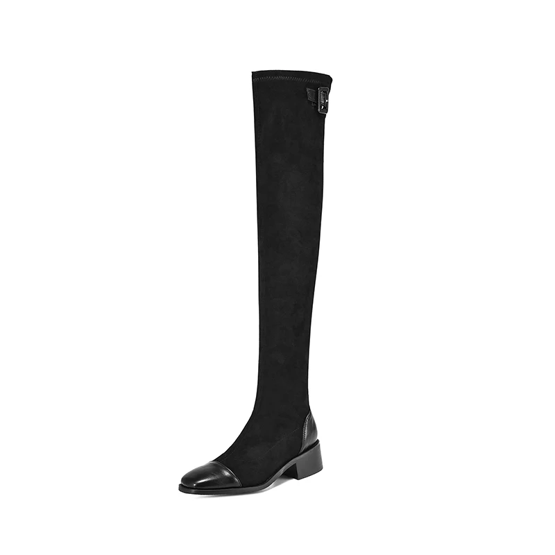 Women Over-the-Knee Long Boots Square Toe Block Mid Heels Zipper Stretch 2025 Boot Ladies Fashion Shoes Autumn Winter 43