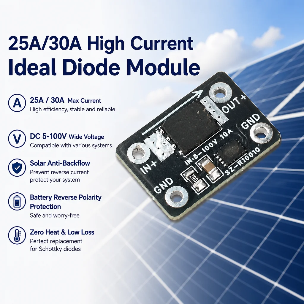 High-Current Ideal Diode Module 25A/30A DC 5-60V/DC 5–100V Solar Backfeed Protection Battery Reverse Connection Protection
