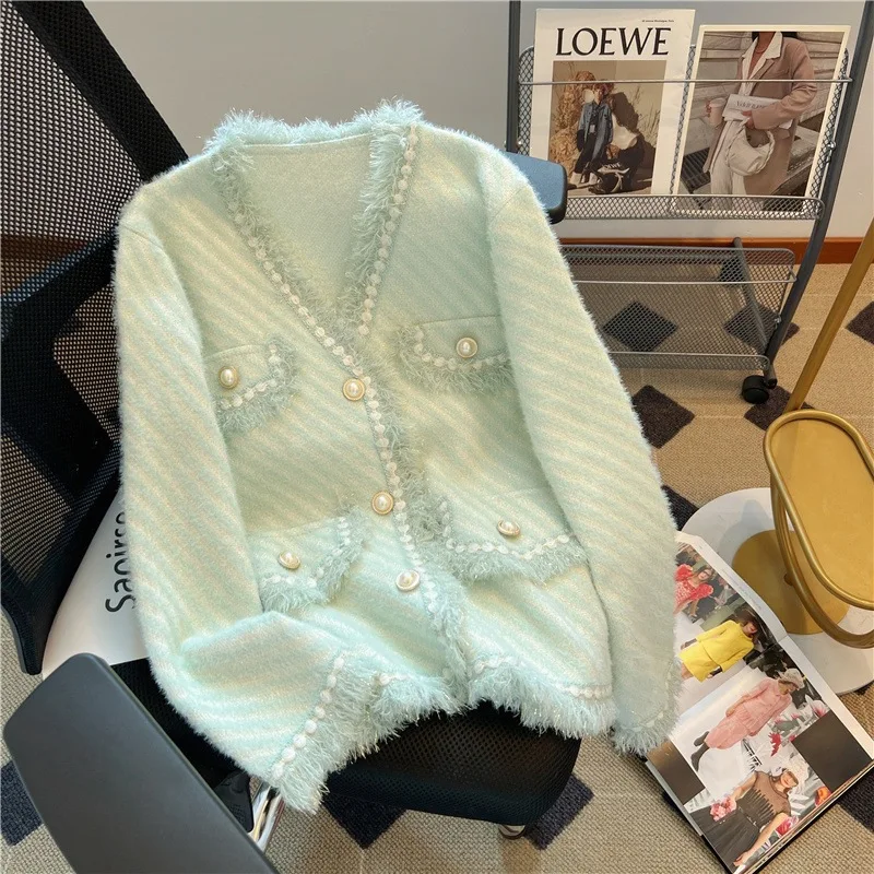 Striped Fuzzy Knit Jacket Women V Neck Fringe Edge Pearl Button Long Sleeve Casual Outerwear