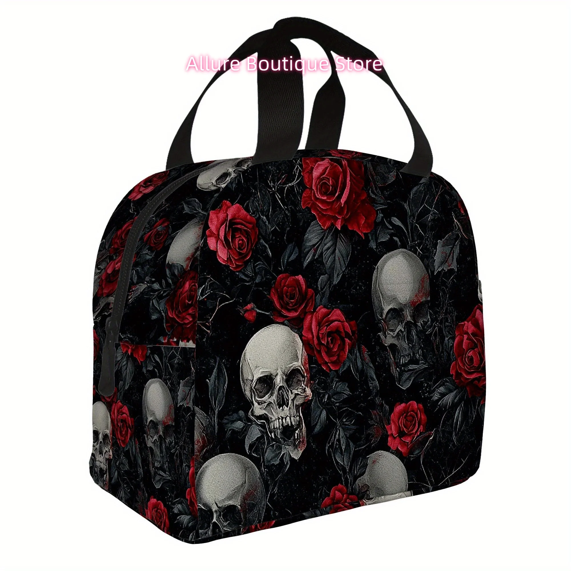 1pc Gothic Floral Print Insulated Thermal Bag - Black with Red Roses & Skull Design, Reusable Portable Cooler for Home, Office,