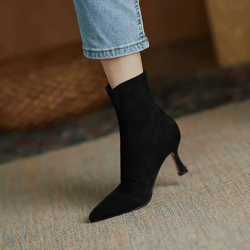 Sexy Suede Sock Boots Women\'s Fashion High Heels Autumn Pointed Toe Stiletto Comfort Solid Colour Shoes Boatas Femininas