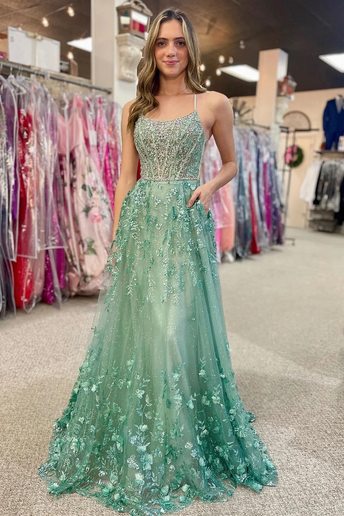 FATAPAESE Sage Glitter Fomral Prom Dress Sexy Shin Spaghtti Straps Sleeveless Beadings Sequins Bodice Aline Gown Evening Party