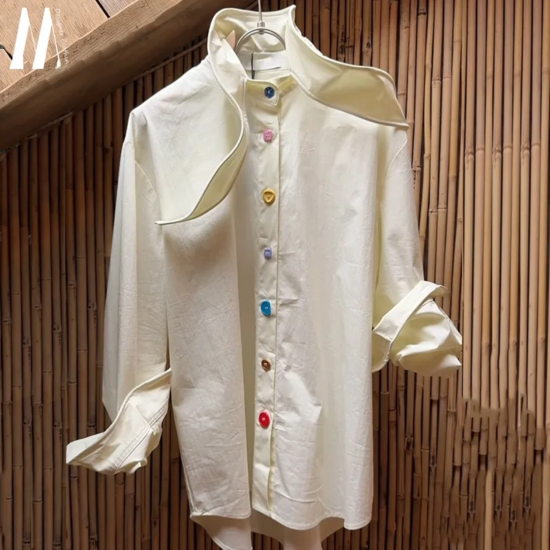 

White Vintage Loose Long Sleeve Shirt Women's Casual Fashion Design Versatile Outerwear Cotton Breathable Regular Fit Shirt