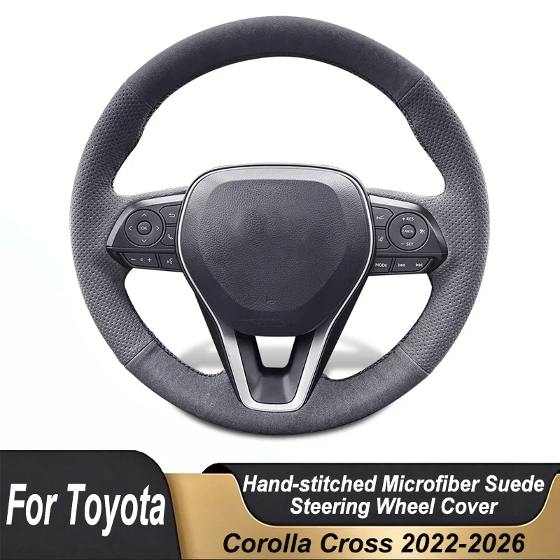 Custom Hand Stitched Black Microfiber Suede Car Steering Wheel Cover For Toyota Corolla Cross 2022-2026 Non-slip Interior Parts