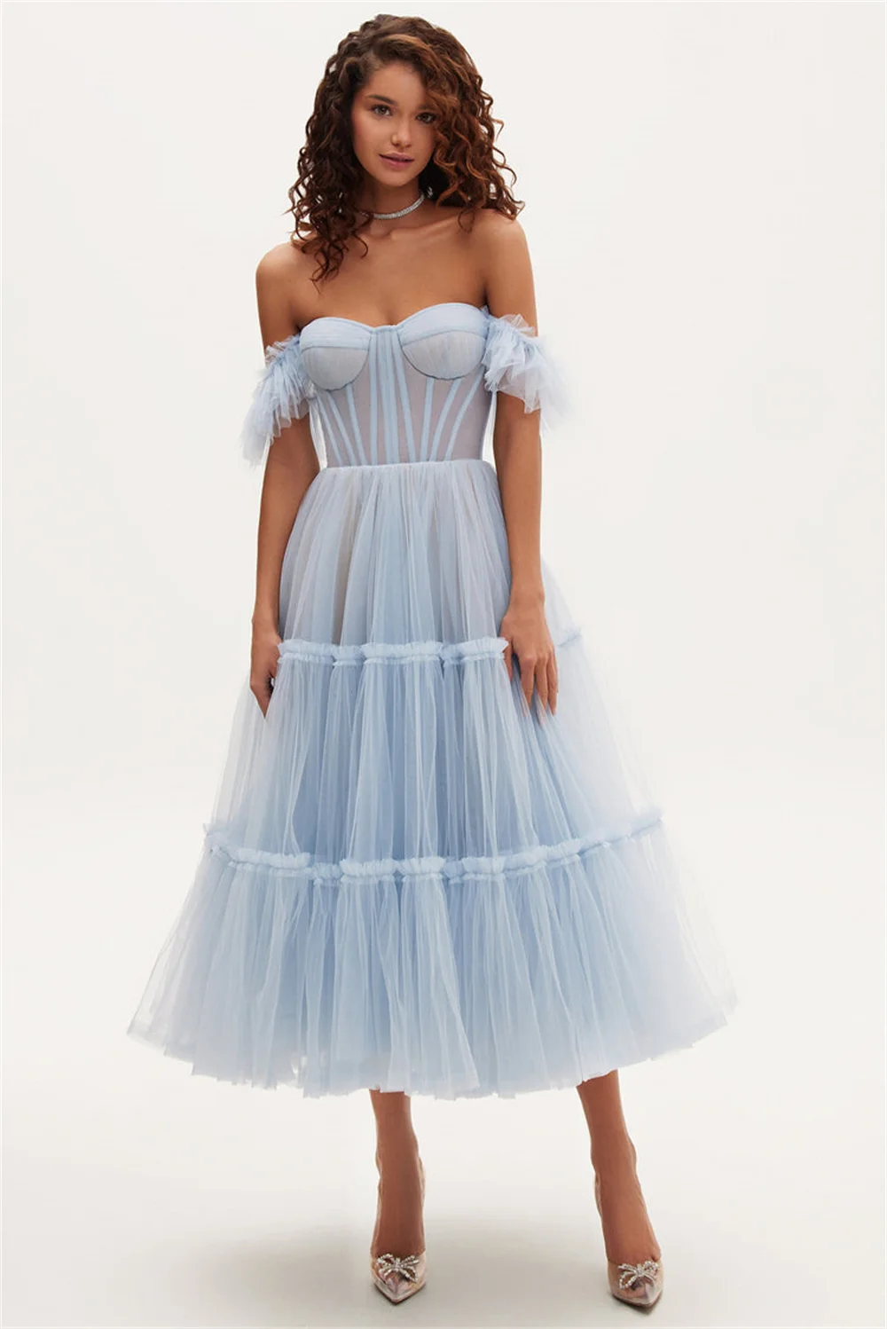 Sansa Sky Blue Simple  Puffy Sleeves A-line Prom Dress Off Shoulder Vestidos De Fiesta Sexy Lace up Back Evening Dress 2024