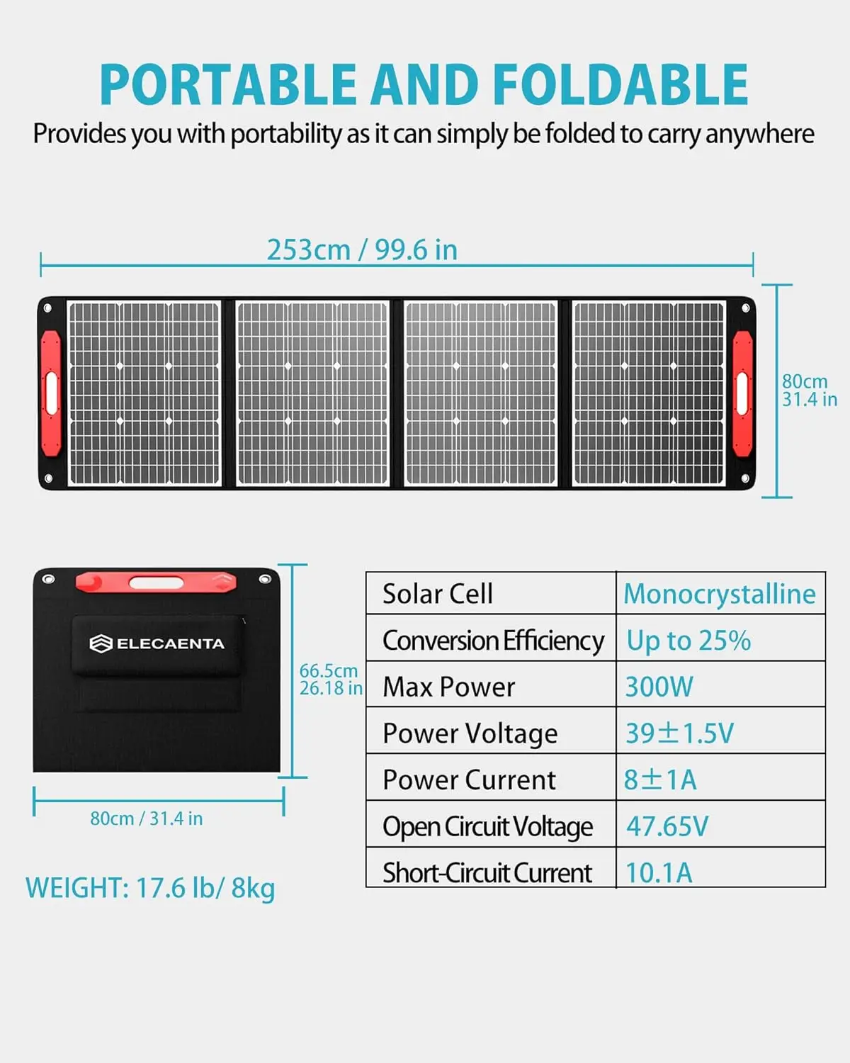 لوحة شمسية ELECAENTA بقدرة 300 وات، كفاءة عالية 25% (إصدار مطور)، خفيفة الوزن للغاية، مرنة وقابلة للطي ETFE شمسية محمولة