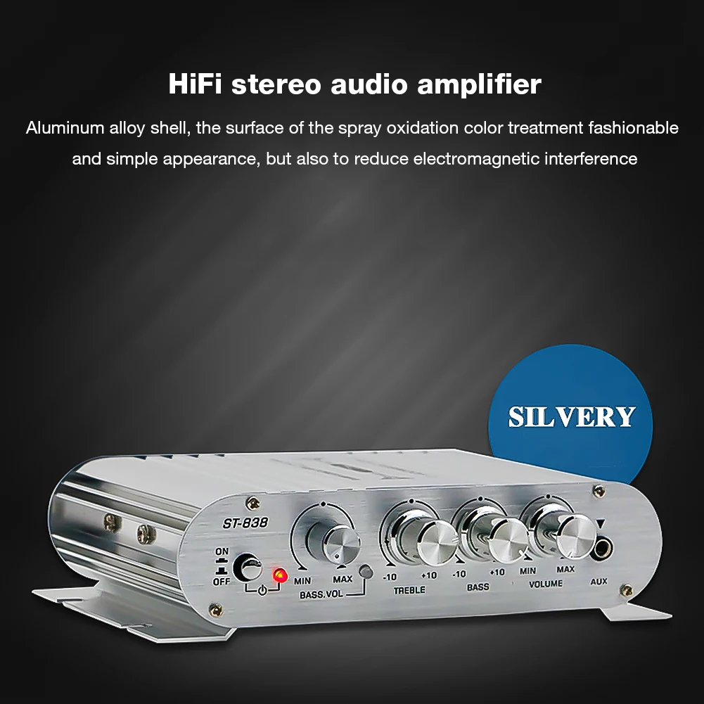 ST-838 HiFi 2.1 Channel Power Amplifier Bass and Treble Adjustment 80W*2 Stereo Bass Sound Amp Black Car Home Amp