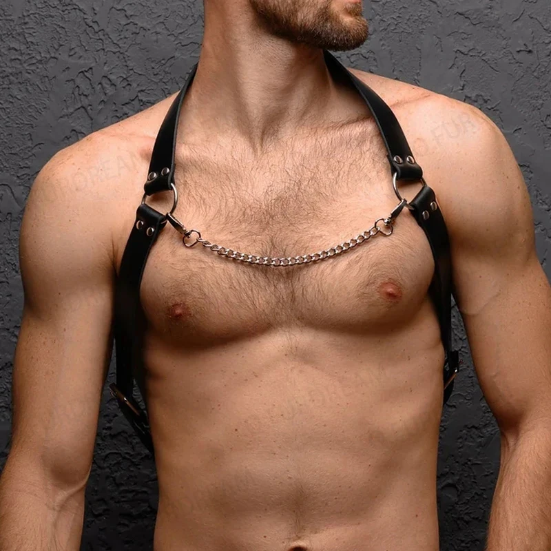 Black Harness with Chain Bondage Harness PU Leather Men Lingerie Body Harness Men Male Gay Harness Chest Bondage Top