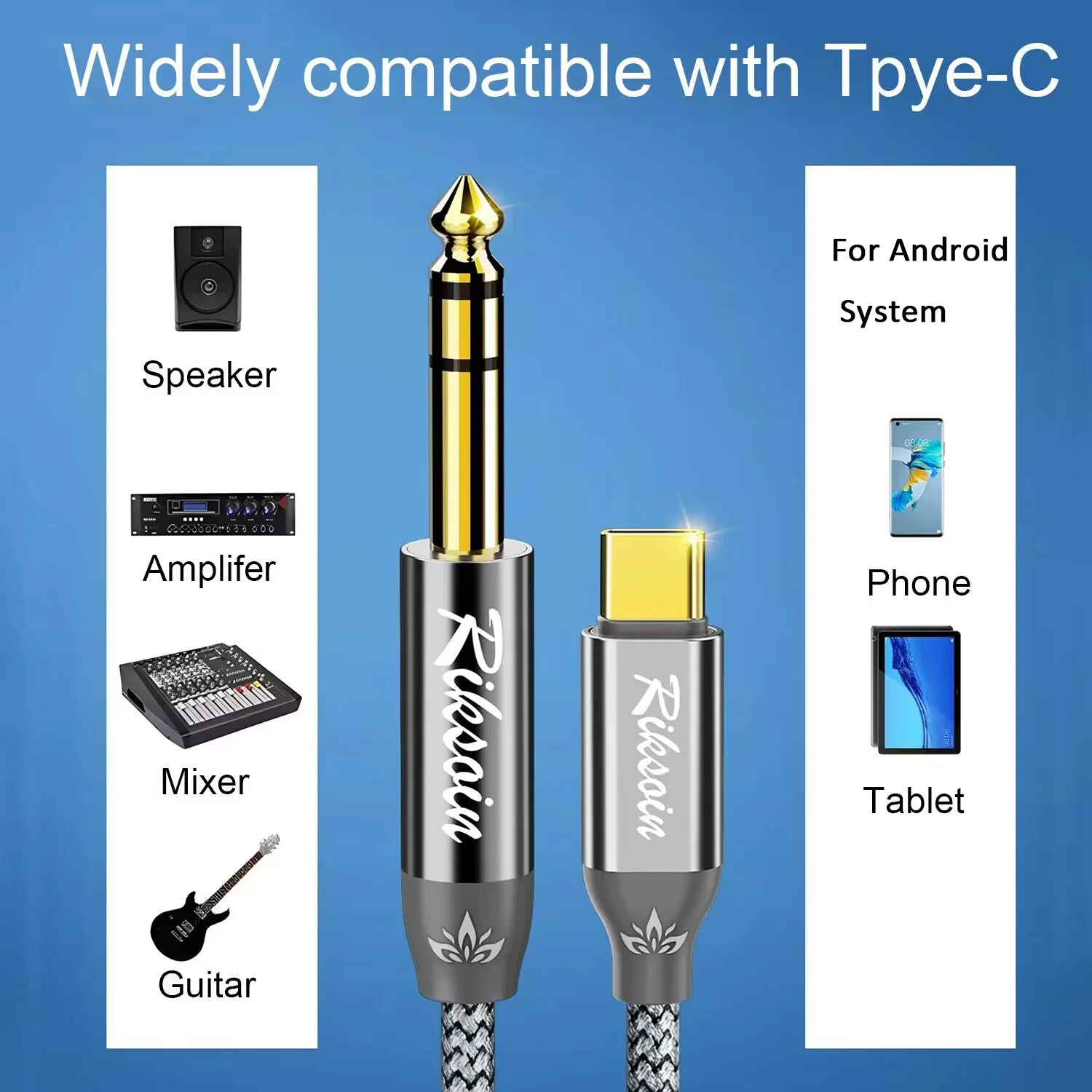 USB C para 6.35mm Cabo de Áudio Estéreo, Cabo Jack para Amplificador, Home Theater, Mixer, Baixo Elétrico, Guitarra, Tipo-C, 1/4 TRS