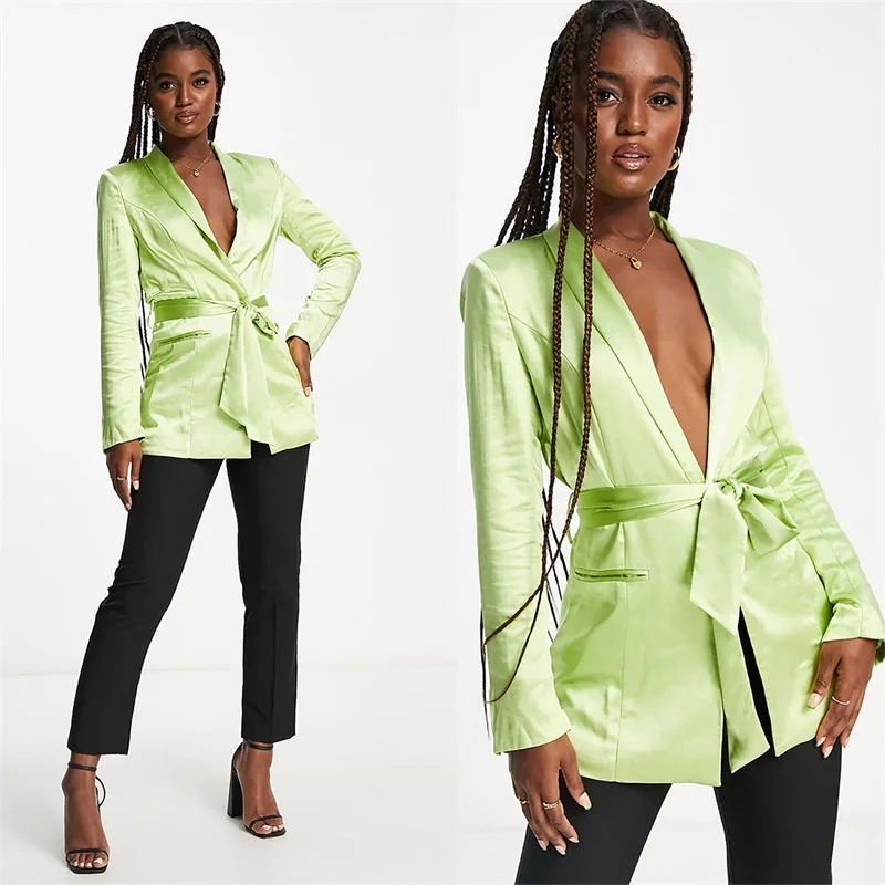 Green Silk Satin Women Suit Blazer With Belt 1 Pcs Fashion Hot Girl Sexy V Neck Jacket Coat Outfit Prom Dress Custom Made