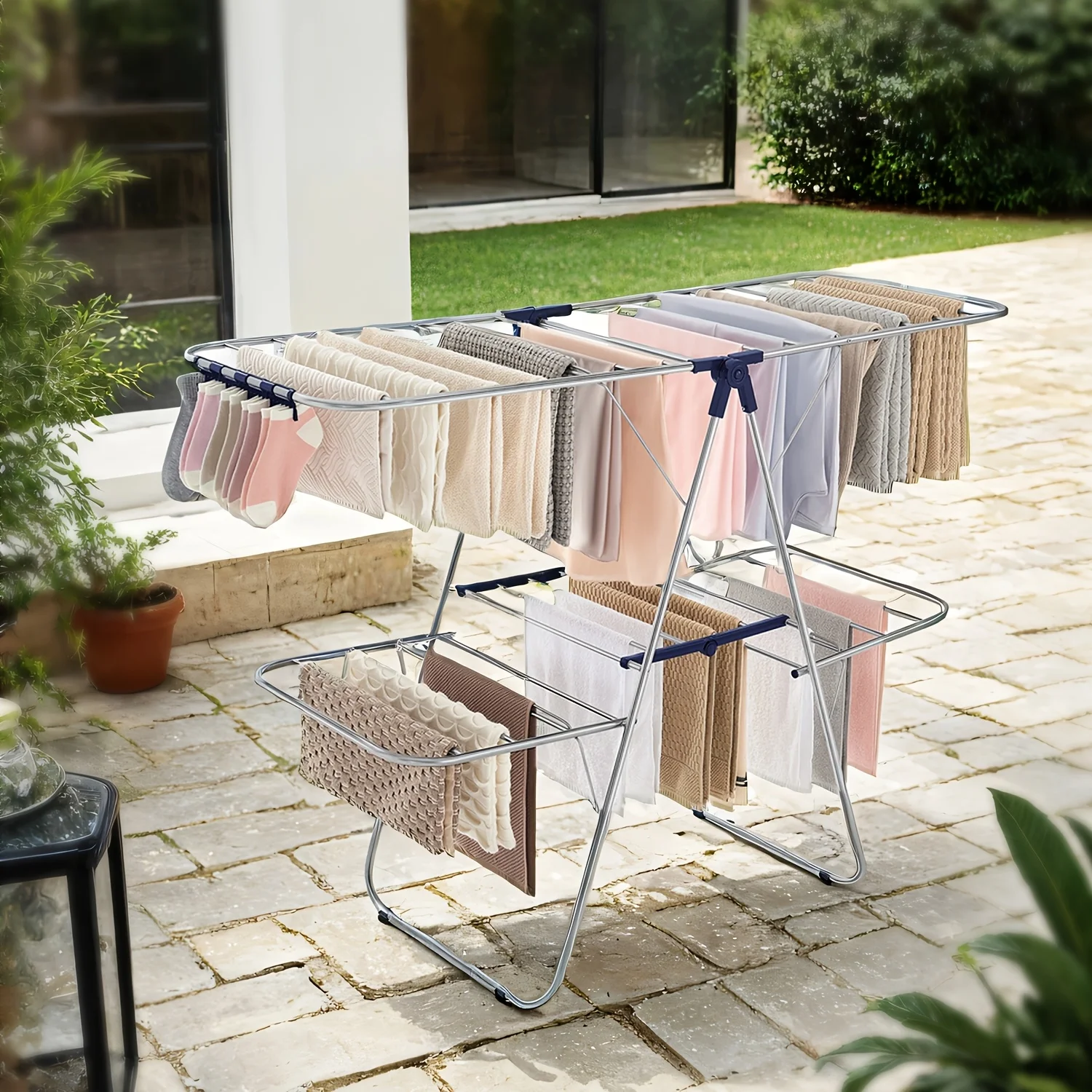 

Clothes Drying Rack, Foldable 2-Level Laundry Drying Rack, Free-Standing Laundry Airer, with Height-Adjustable Wings