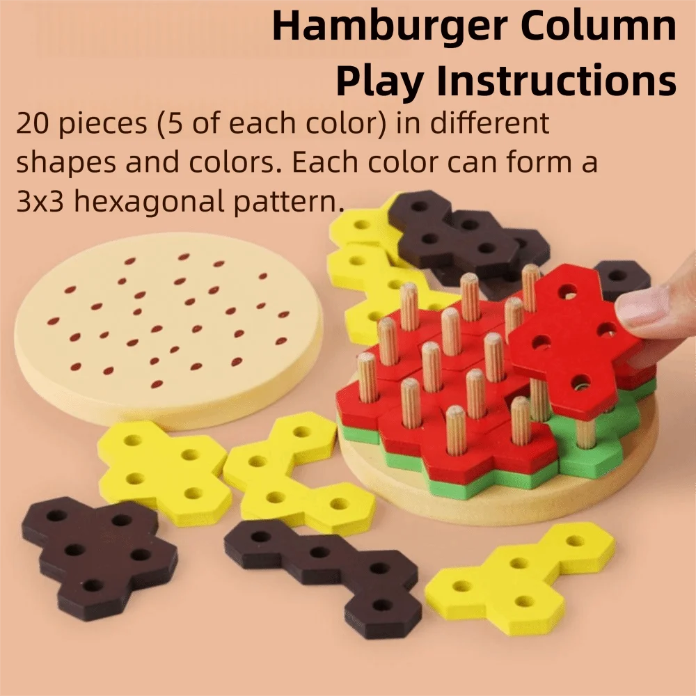 Creative 3D Burger Puzzle Hexagonal Sleeve Column Wood Blocks Montessori Stacking Toys Geometric Shape Color Cognition
