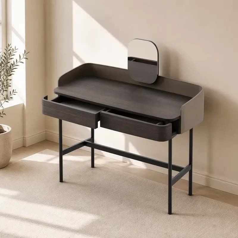 Modern Luxury Smoked Wood Vanity Table with Saddle Leather Wrap and Mirror for Bedroom Home Villa Decor