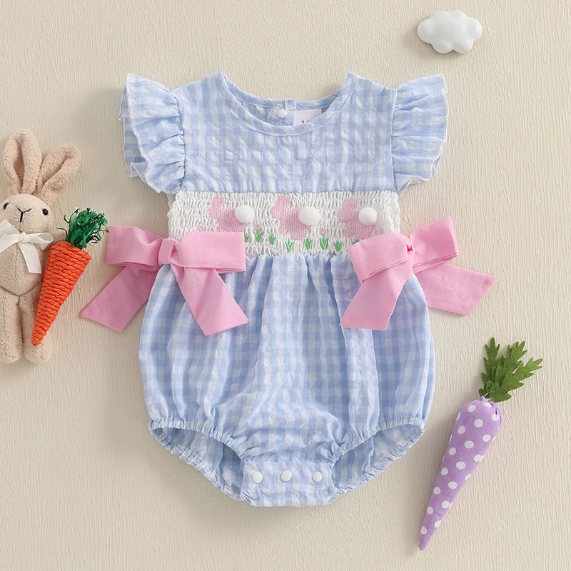 2025-01-09 Lioraitiin Baby Girls Rompers Easter Clothes Rabbit Embroidery Plaid Fly Sleeve Summer Bodysuits Jumpsuits