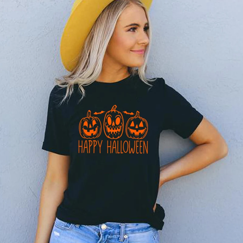 Wesołego Halloween śmieszne dynia twarz drukuj kobiety t-shirty Wicca ubrania festiwal moda zimowa kobiet koszulki pomarańczowy O Neck topy