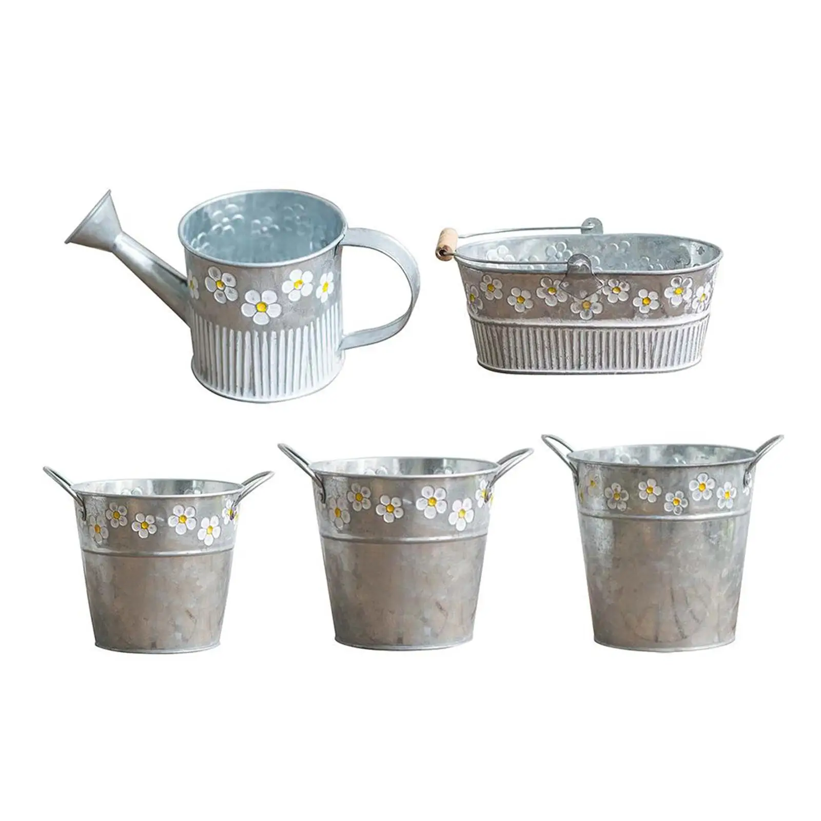 Daisy Embossed Plant Flower Tin Bucket Basket Bucket for Desktop Ornaments